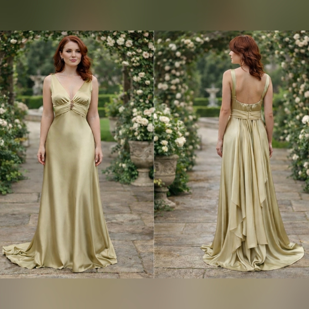 Night Way green satin gown beaded waist elegant formal evening dress 10
